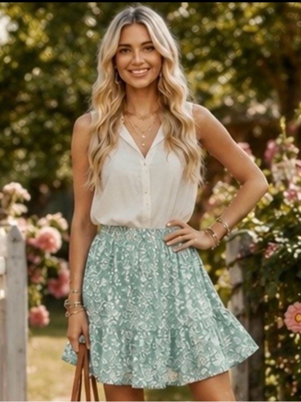 NWT Papaya Mint Green Floral Tiered Mini Skirt Cottage-core Boho Size Large